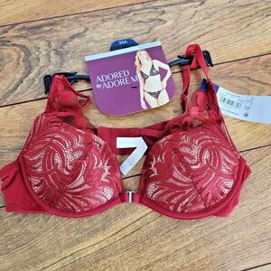 Adored By ADORE ME Red Layla PushUp Bra Inner Padded Lace Sheer Adjustable 34A